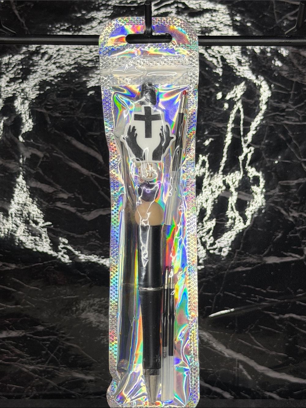Black Cross Focal Bead Pen 
Black and Blue Ink